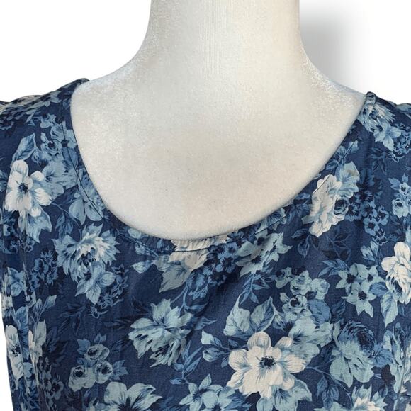 Vintage 90s Blue Floral Midi Dress Sleeveless Rayon A Line Medium Romantic - Picture 5 of 14